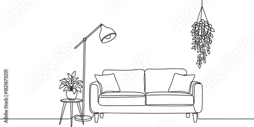 Cozy Interior Corner in Single-Line Art.