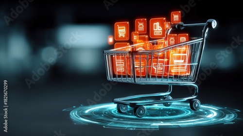 E-commerce innovations digital shopping cart concept virtual retail space graphic design futuristic environment high-tech viewpoint