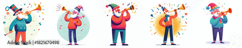 vector grandfather blowing trumpet celebrating new year
