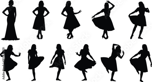 Collection of vector silhouettes of young women in various fashionable dresses and skirts, demonstrating dynamic dancing, posing, and elegant standing stances for fashion, events, and performance