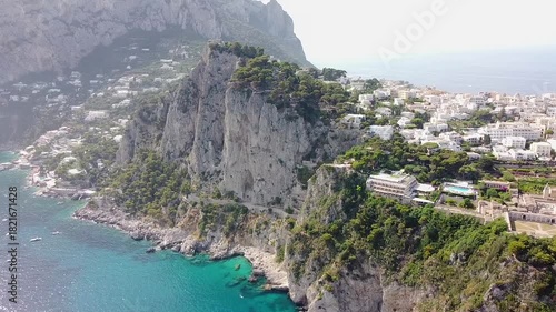 Aerial view of Capri island with white houses perched on