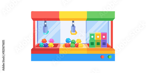 Colorful arcade claw machine with toys and prizes game