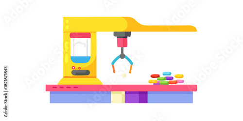 Colorful arcade claw machine with prizes on white background