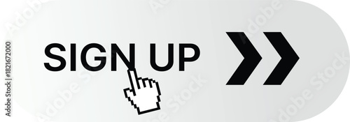 Black cursor hand clicking on sign up button with arrows vector graphic