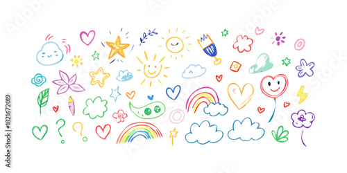 Colorful childlike doodle elements on white background 1