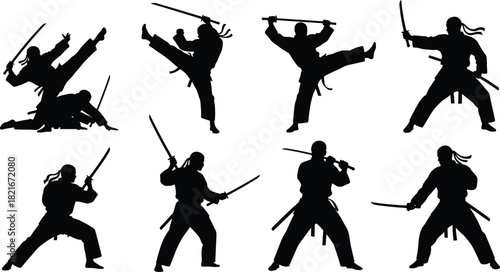 Dynamic vector silhouettes of Ninja and Samurai warriors in various action poses, fighting with Katana swords, demonstrating high kicks, combat, discipline, and traditional Japanese martial arts 