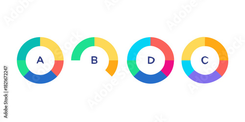 Colorful donut chart icons with letters A B C D pie chart