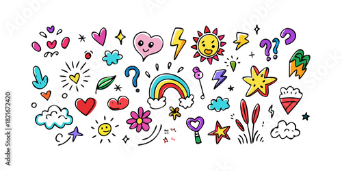 Colorful doodle collection with hearts sun rainbow and stars