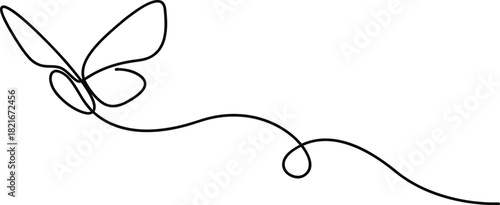 Continuous line drawing of a butterfly with a flowing path. Minimal whimsical design symbolizing freedom and lightness. Ideal for nature themes, creative art, and elegant graphic projects.