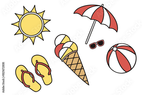 Flat design summer icons: sun, ice cream cone, beach ball, umbrella, sunglasses, flip flops