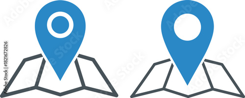 Two blue map pin icons on folded map bases location marker navigation