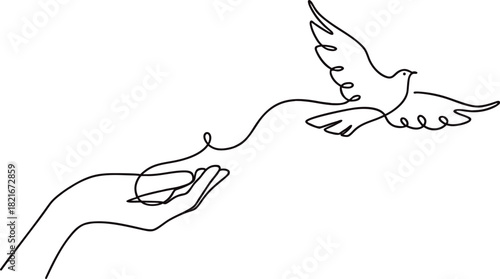 Continuous line drawing of a hand releasing a bird. Minimal symbolic artwork representing freedom and peace. Perfect for inspirational themes, wellness graphics, and elegant designs.