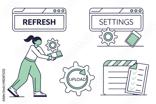 Person interacting with refresh and settings interfaces and upload concept computer