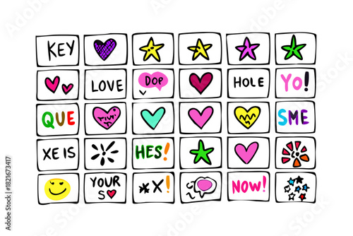 Colorful doodle icons with text and symbols vector 1