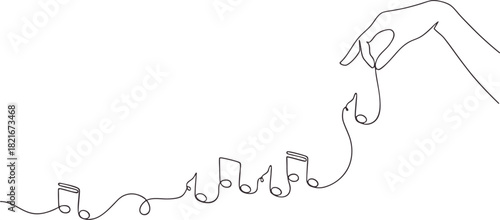 Continuous line drawing of a hand creating musical notes. Minimal artistic design expressing melody and motion. Perfect for music projects, creative branding, and expressive illustrations.