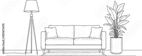 Clean Furniture Outline Sketch with Couch, Lamp and Pot Plant.