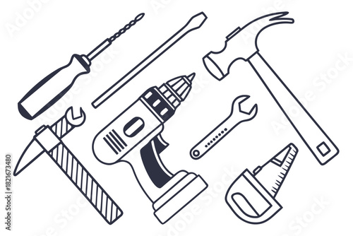 Assorted Hand Drawn Construction and Repair Tools on White Background hand tool