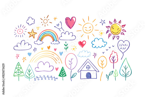 Colorful doodle set with house rainbow and sun vector