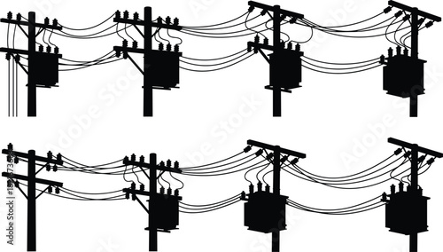 Silhouette illustration of multiple utility poles with electrical transformers and power lines creating an urban energy infrastructure scene for industrial vector design
