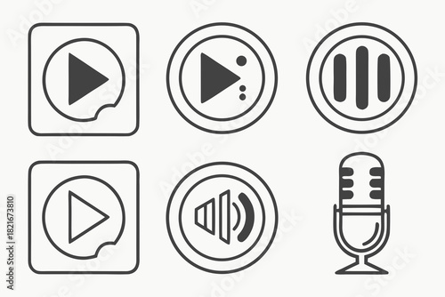 Collection of Black and White Icons for Media Playback and Audio video music