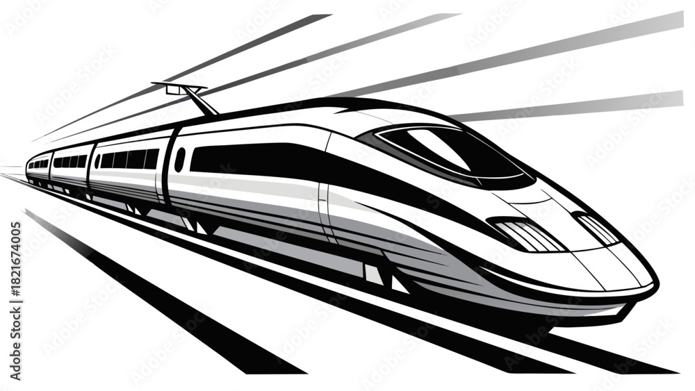 Fototapeta premium Vector illustration of a bullet train racing along tracks, sleek aerodynamic design, dynamic motion lines, modern transport icon style