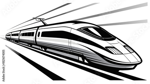 Vector illustration of a bullet train racing along tracks, sleek aerodynamic design, dynamic motion lines, modern transport icon style