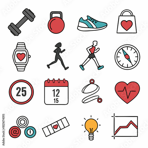 Fitness and health icons with running figures and calendar dumbbell kettlebell