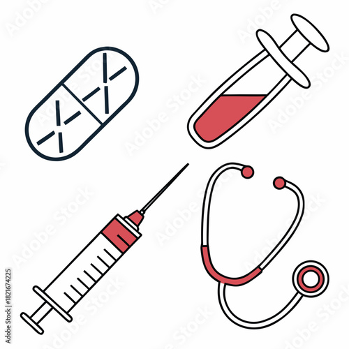 Medical Icons Featuring Syringe Capsule Stethoscope and Test Tube Keywords: medical, healthcare