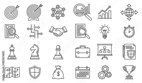 Comprehensive collection of modern line art icons representing essential business strategy, project planning, analytical solutions, and management concepts for professional presentations and digital