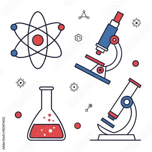 Colorful science icons atom microscope flask and molecular structures atomic model