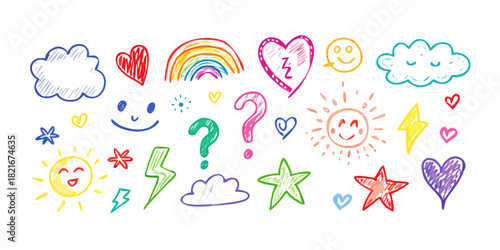 Colorful hand drawn doodles on a white background icons