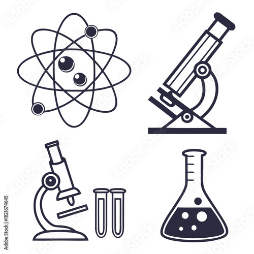 Black and white science icons atom microscope test tubes and flask atomic model nucleus