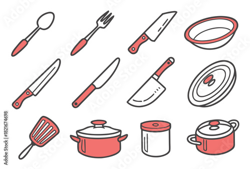 Collection of Hand Drawn Kitchen Utensils and Cookware Icons Keywords: spoon, fork, knife, spatula