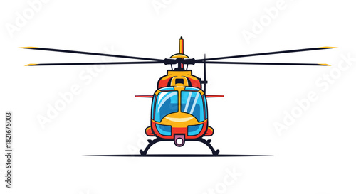 Front view illustration of a colorful cartoon helicopter with spinning rotor blades on a white background.