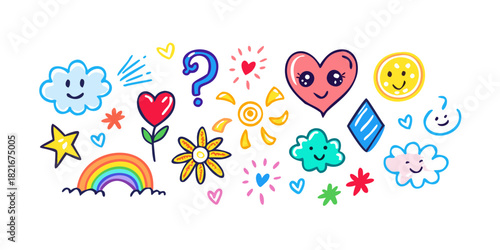 Colorful hand drawn icons hearts clouds sun rainbow star