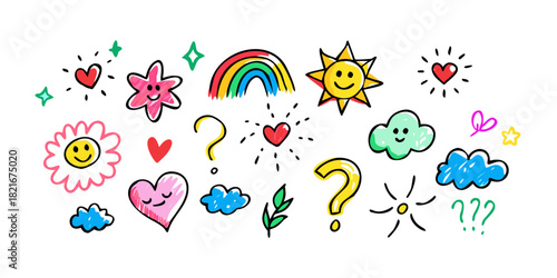Colorful hand drawn icons hearts sun rainbow clouds stars