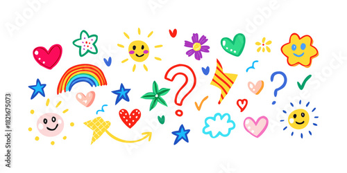 Colorful hand drawn icons hearts suns flowers stars