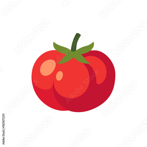 Red ripe tomato vegetable with green stem, isolated flat style vector illustration