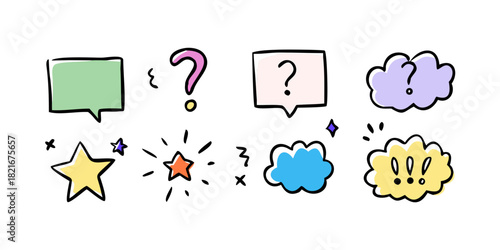 Colorful hand drawn speech bubbles and question marks