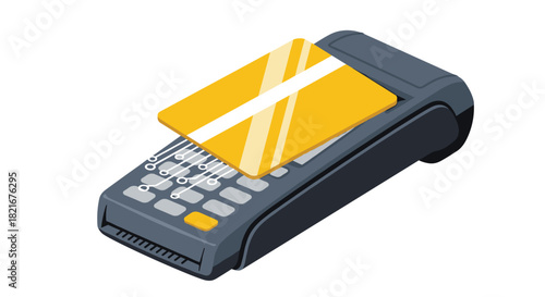 A yellow credit card hovers above a payment terminal with a digital circuit design.