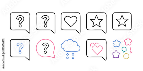 Colorful outline icons question mark speech bubble cloud heart flowers