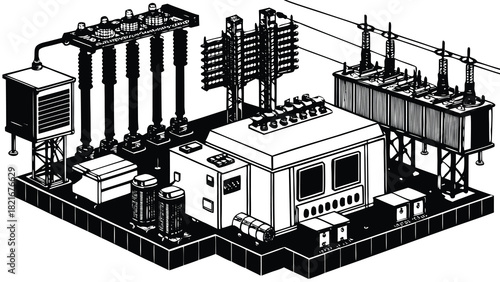 Isometric vector illustration set of urban factory, power plant, and city industrial architecture