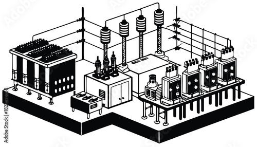 Isometric vector illustration of a cartoon factory building in an urban town with a 3D plan and industrial design