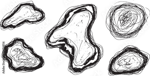 Hand-drawn scribble blobs and organic shapes set. Vector black chaotic ink spots, rough sketch textures, and messy doodle circles isolated on white.