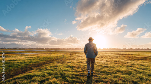 A person walks through a grassy field, facing a bright sunset with vibrant clouds, creating a serene and peaceful atmosphere.
