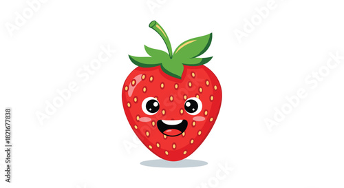 Cute cartoon strawberry with a happy face and green leaves on a white background.