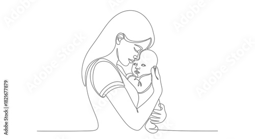 Loving mother embraces newborn child in continuous line art illustration design