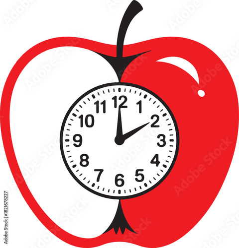 Red apple with a clock face symbolizing time and deadlines