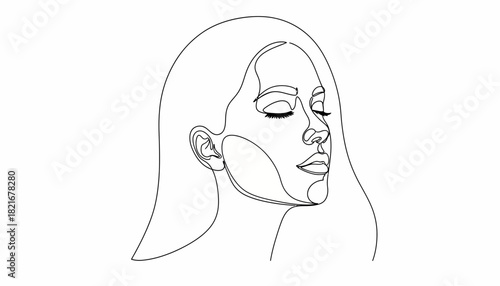 Elegant single line art drawing of a beautiful woman with long flowing hair