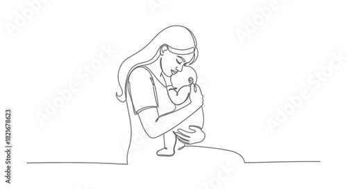 Elegant single line drawing of mother embracing baby with love and connection